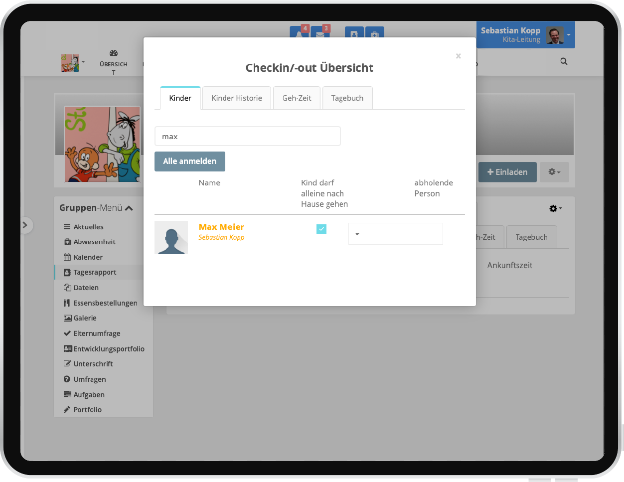 Check-in der Hort-App auf dem Tablet