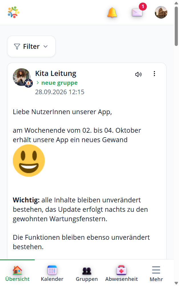 Startbildschirm der Kita-App Stramplerbande im neuen Design
