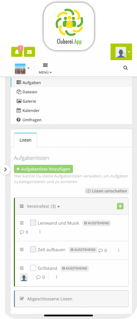 Aufgabenliste in der Cluberei.App